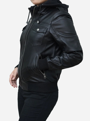 Classic Collared Black Leather Bomber Jacket Womens