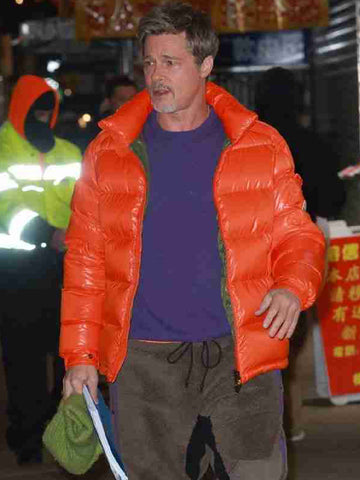 Wolves 2024 Brad Pitt Orange Faux Leather Puffer Jacket