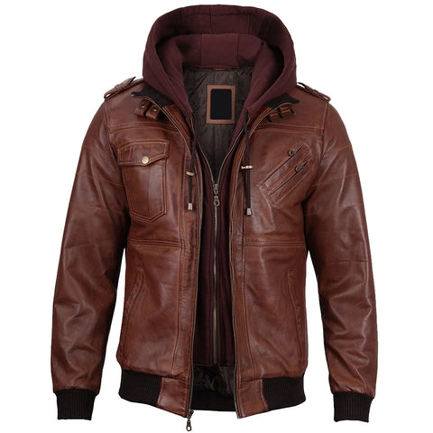 Mens Brown Real Leather Jacket with Hood