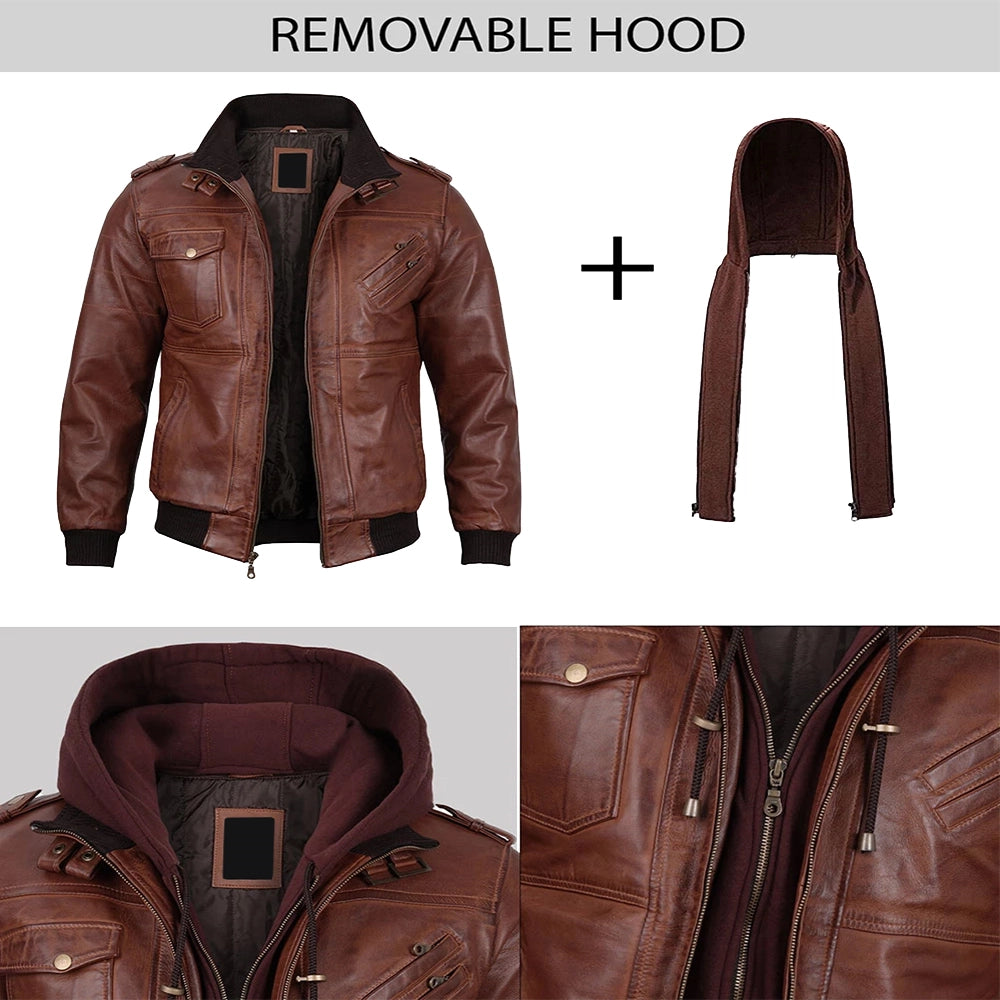 Brown Hooded Leather Jacket For Mens