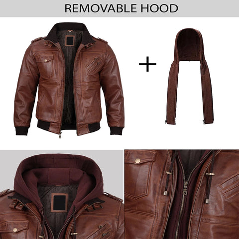 Brown Hooded Leather Jacket For Mens