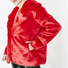 8 Ball Logo Women Red Faux Fur Coat