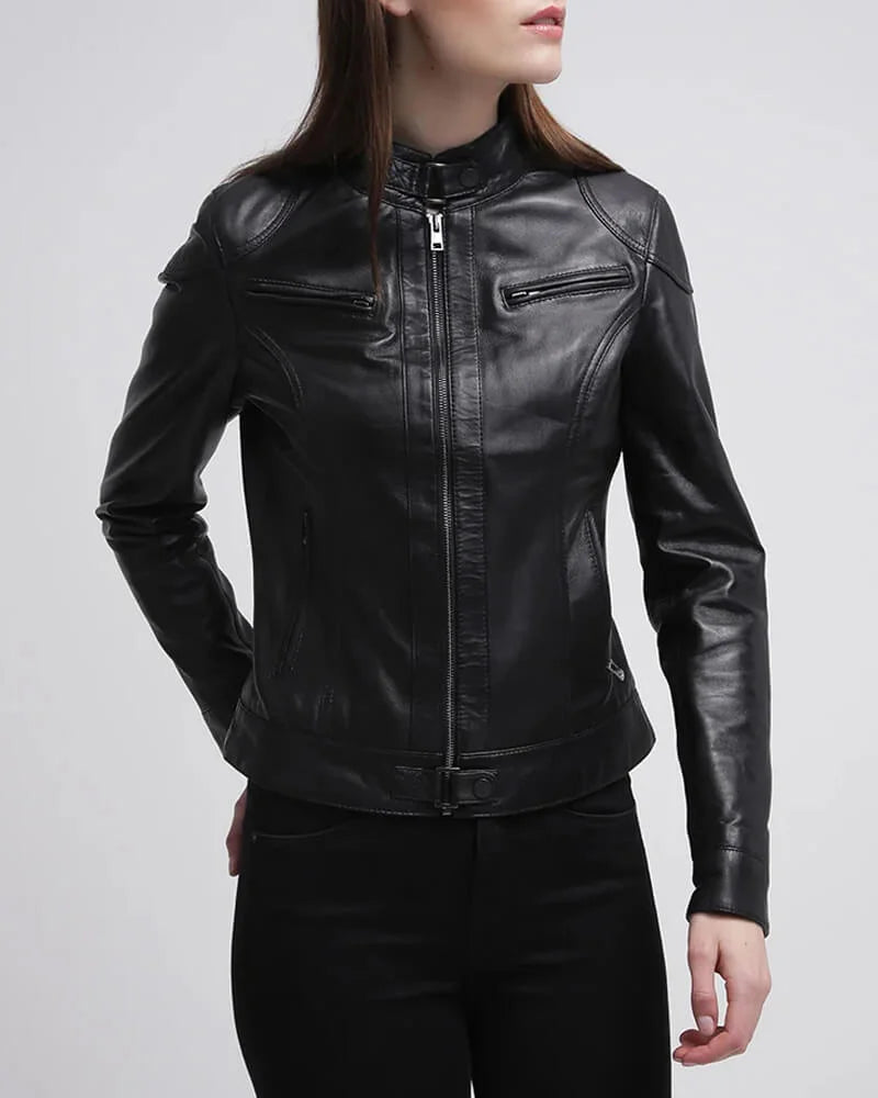 Callie Black Cafe Racer Leather Jacket for Women