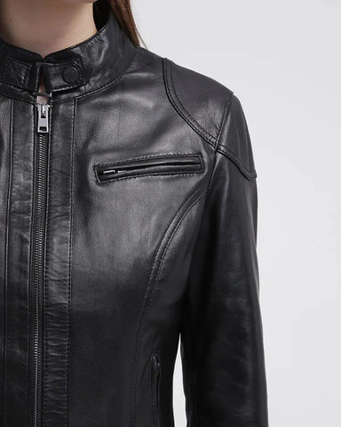 Callie Black Cafe Racer Leather Jacket for Women