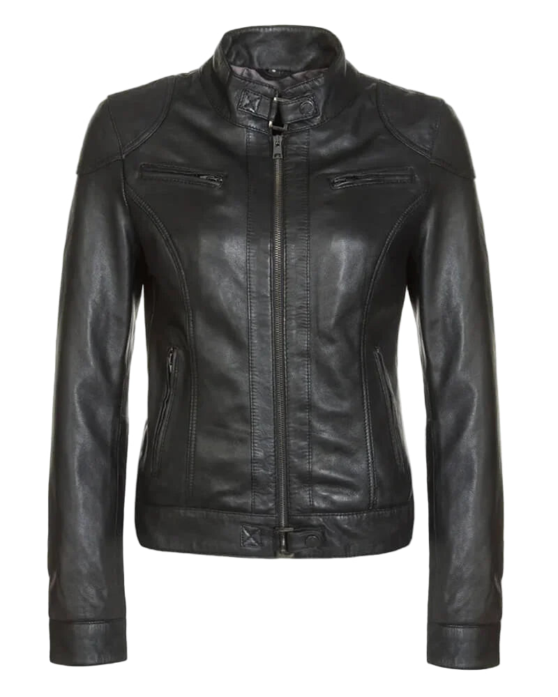 Callie Black Womens Cafe Racer Leather Jacket 