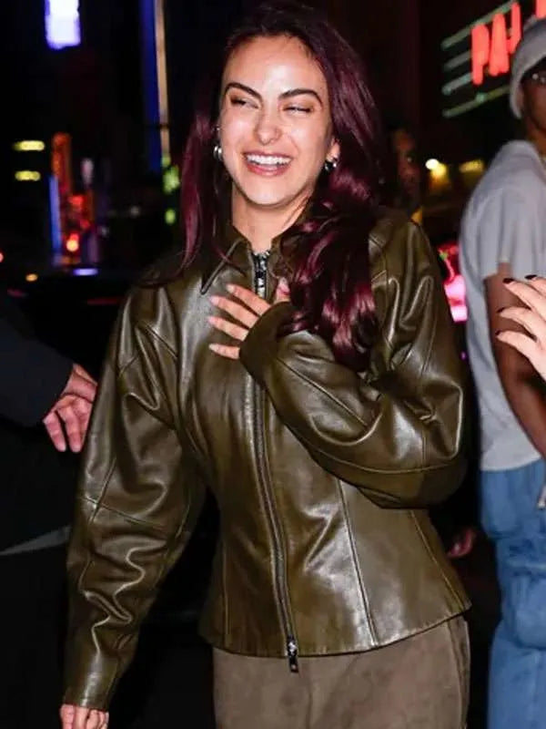 Camila Mendes SNL 2025 Olive Green Leather Jacket
