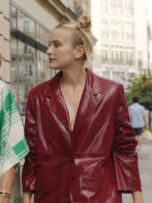 Camille Razat Emily In Paris Maroon Leather Blazer