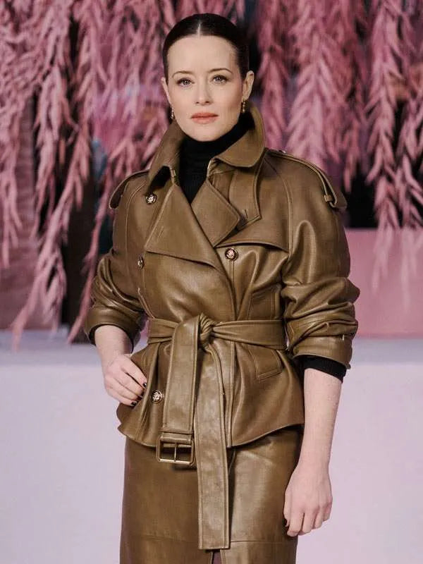PFW 2026 Claire Foy Brown Leather Jacket