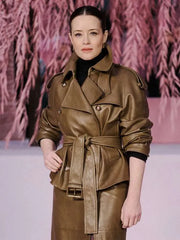 PFW 2026 Claire Foy Brown Leather Jacket