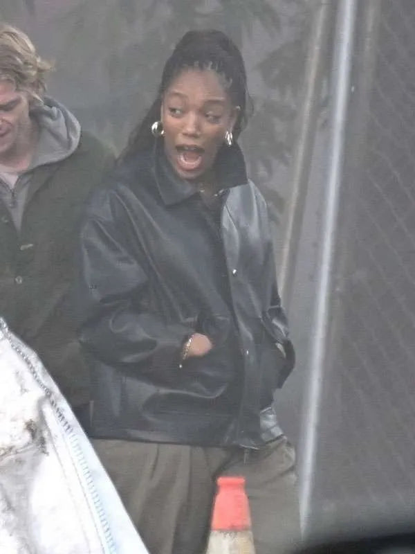 Naomi Ackie Clay face 2026 Black Leather Jacket
