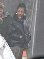 Naomi Ackie Clay face 2026 Black Leather Jacket