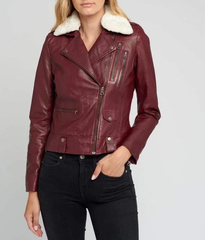 Womens Shearling Jacket With Fur Collar | Womens Leather Motorcycle Jacket