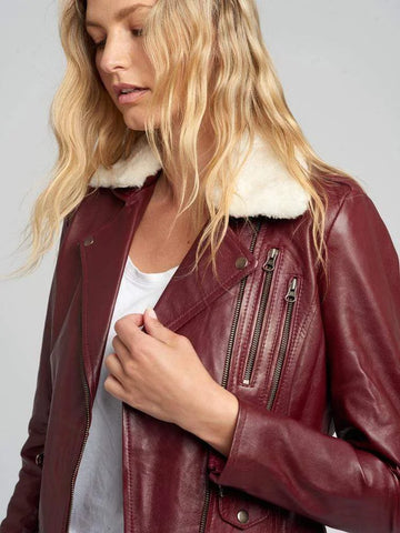 Womens Shearling Jacket With Fur Collar | Womens Leather Motorcycle Jacket