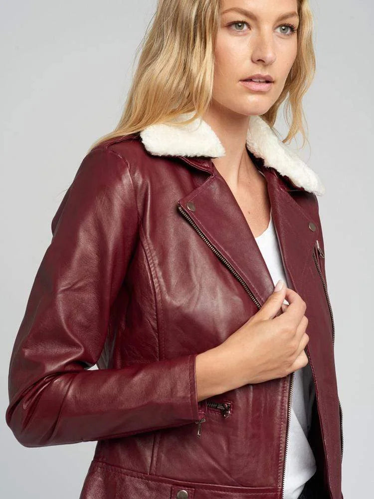 Womens Shearling Jacket With Fur Collar | Womens Leather Motorcycle Jacket