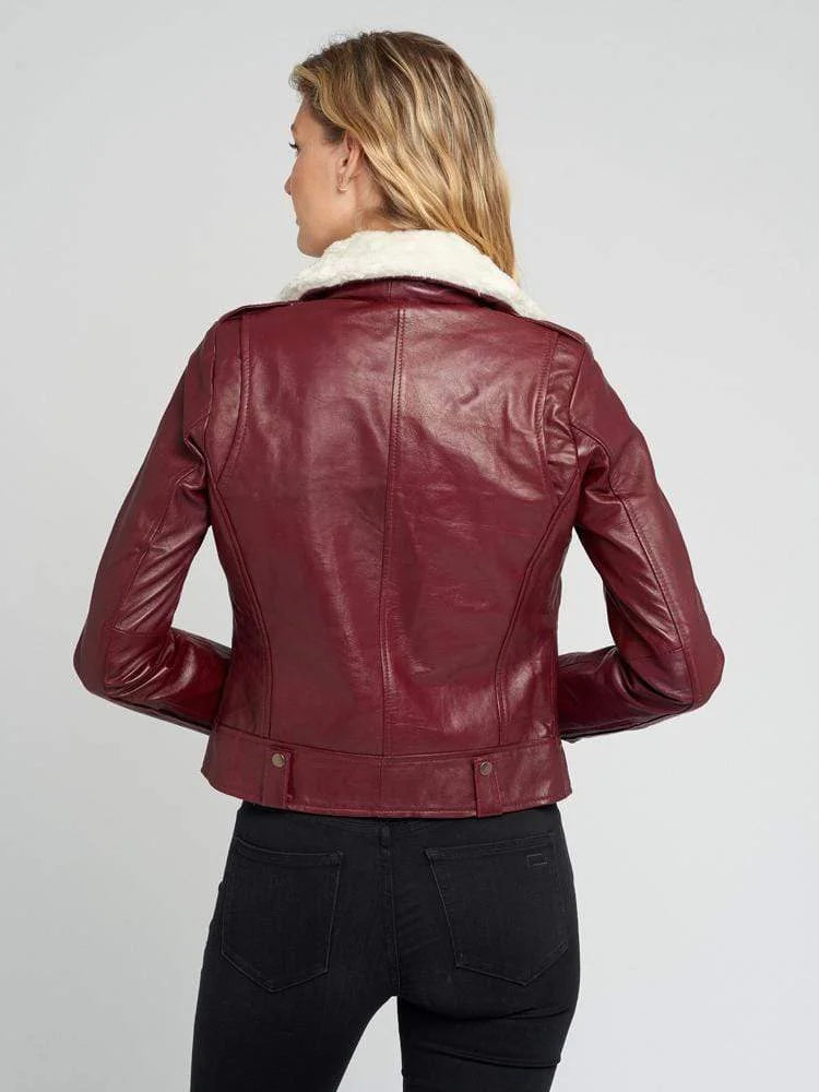 Womens Shearling Jacket With Fur Collar | Womens Leather Motorcycle Jacket