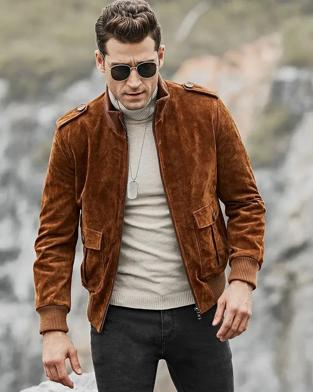 Dallas Rib Knitted Collar Bomber Jacket | Brown Suede Leather Jacket