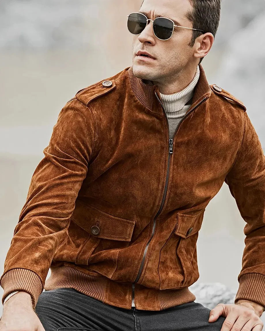 Dallas Rib Knitted Collar Bomber Jacket | Brown Suede Leather Jacket