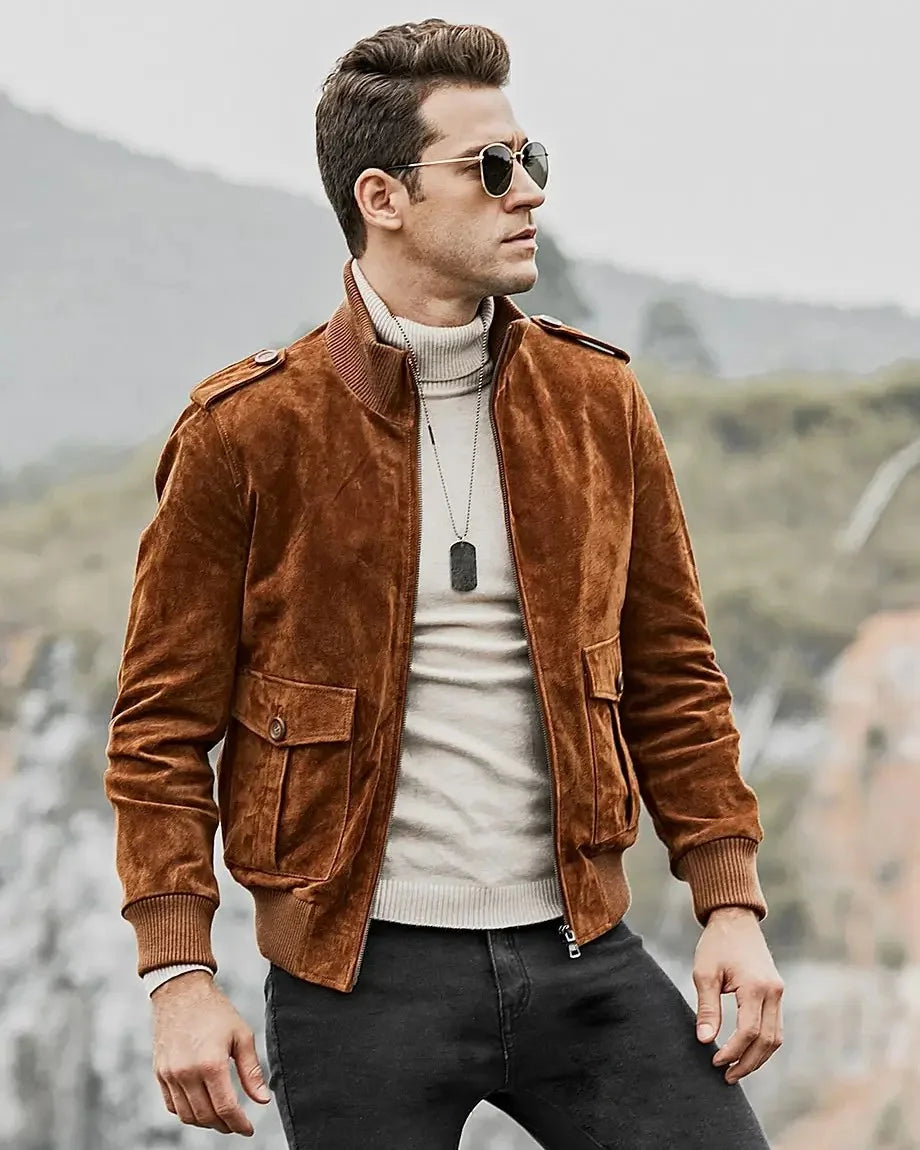 Dallas Rib Knitted Collar Bomber Jacket | Brown Suede Leather Jacket