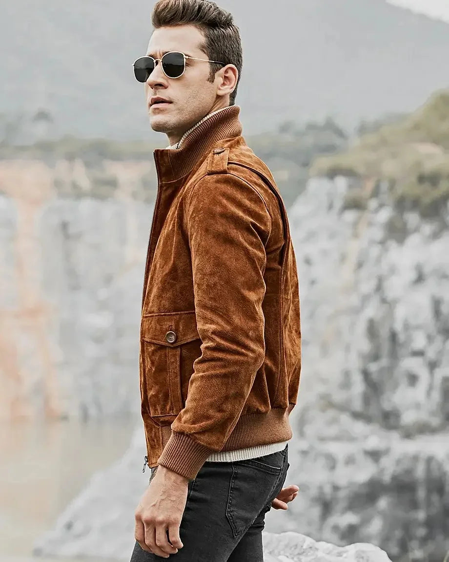 Dallas Rib Knitted Collar Bomber Jacket | Brown Suede Leather Jacket