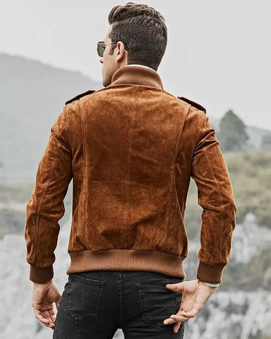 Dallas Rib Knitted Collar Bomber Jacket | Brown Suede Leather Jacket