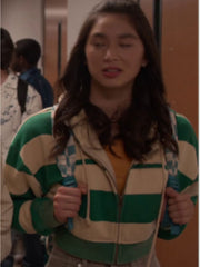 De­von Lee Cobra Kai S06 Oona Green Striped Zip-Up Hood­ie