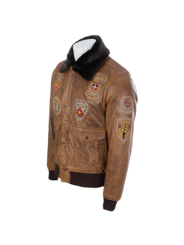 Devin Aviator Tan Bomber Brown Leather Jacket With Patches