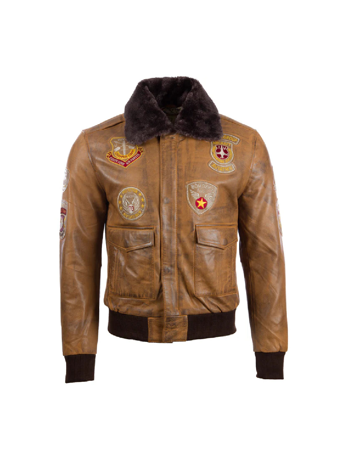 Devin Aviator Tan Bomber Brown Leather Jacket With Patches