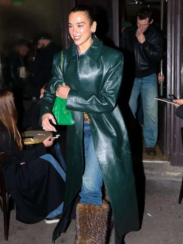 Dua Lipa 2026 Green Leather Coat
