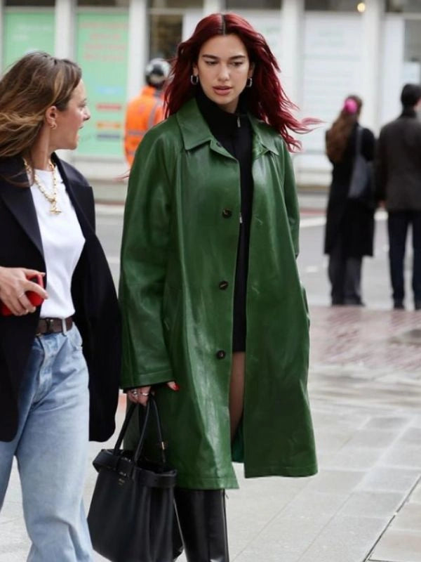 Dua Lipa Green Leather Trench Coat