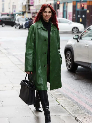 Dua Lipa Green Leather Trench Coat