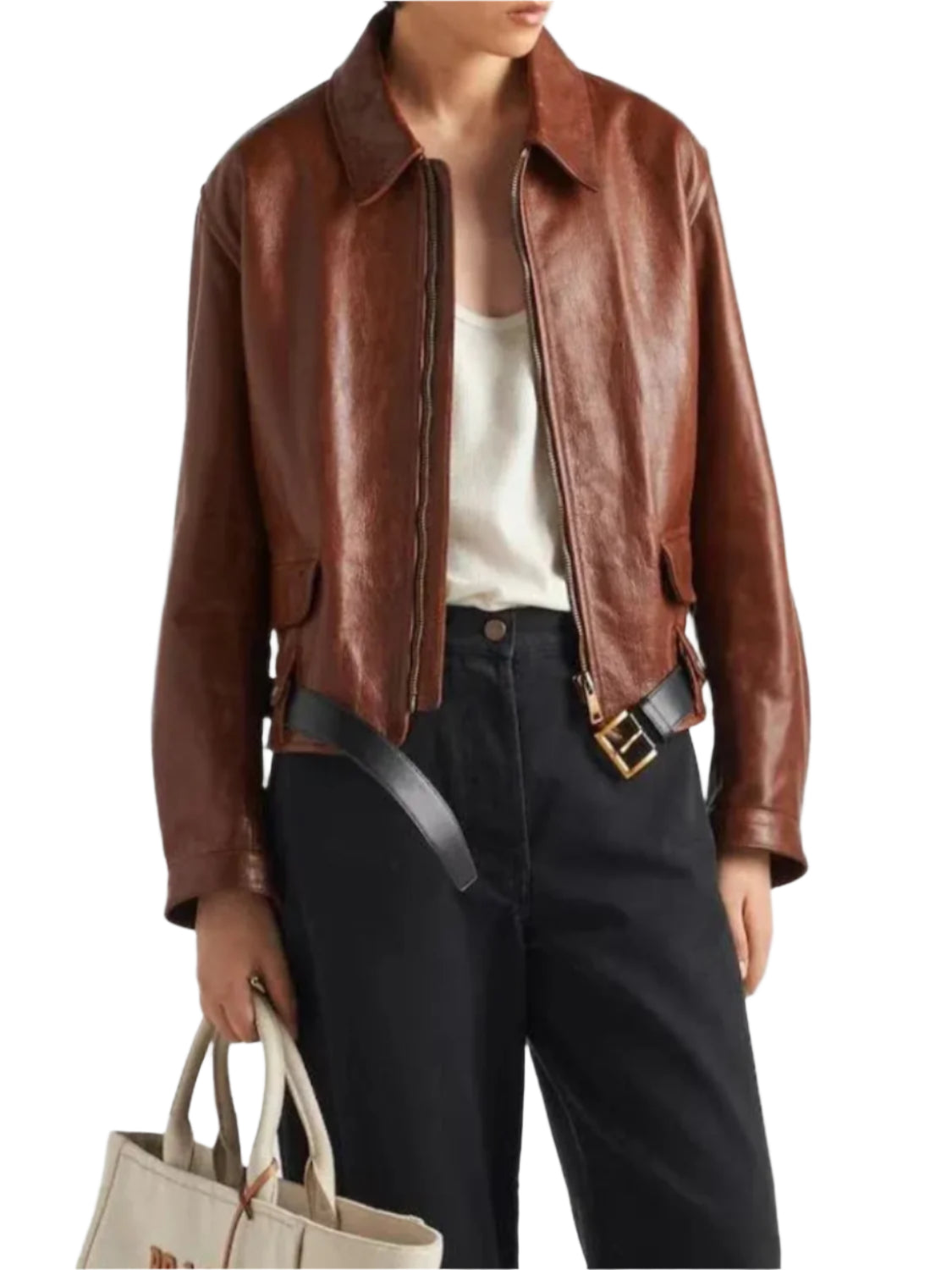 DuaLipaNYCBrownLeatherJacketWithBelt_4