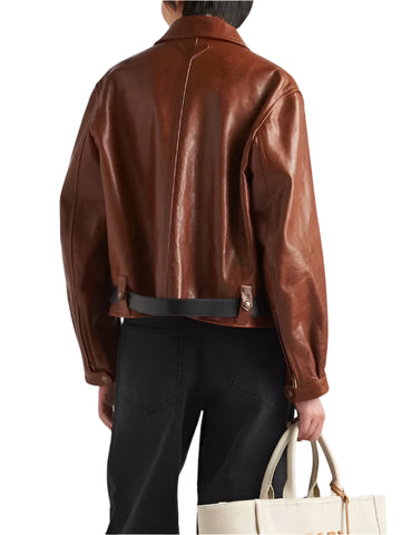 DuaLipaNYCBrownLeatherJacketWithBelt_5