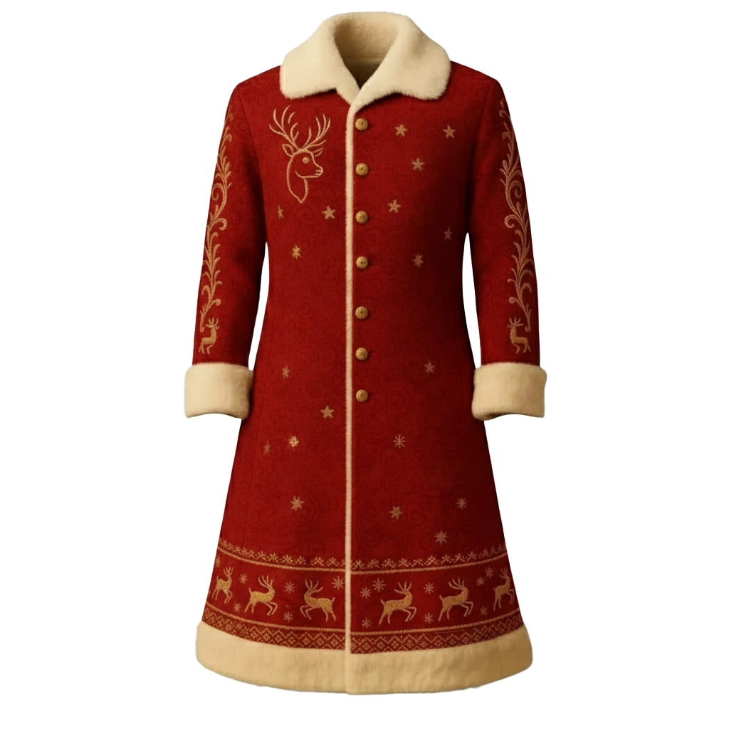 Elegant Red Christmas Coat with Gold Reindeer Design