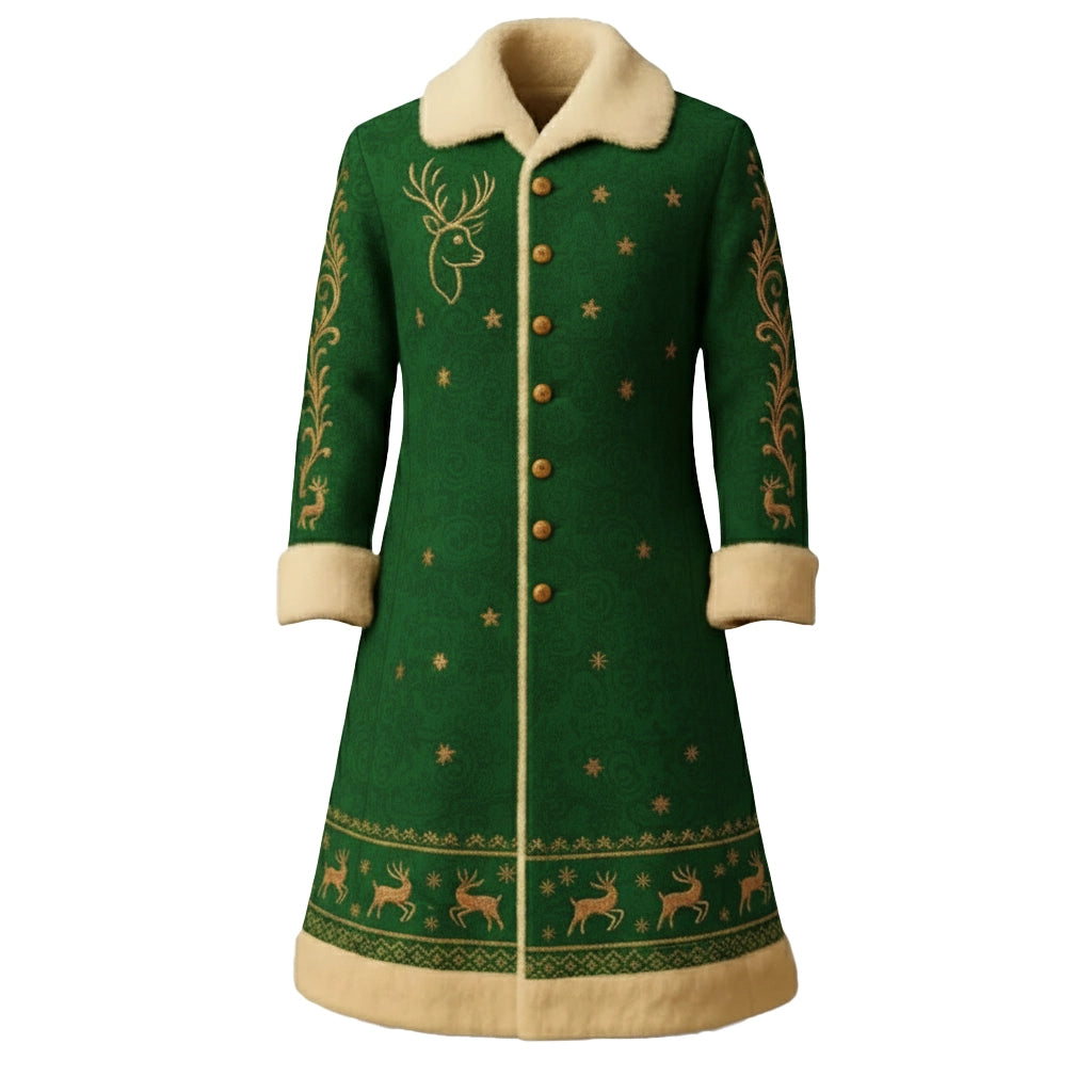 Elegant Red Christmas Coat with Gold Reindeer Design