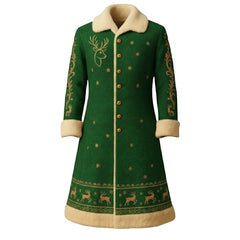 Elegant Red Christmas Coat with Gold Reindeer Design