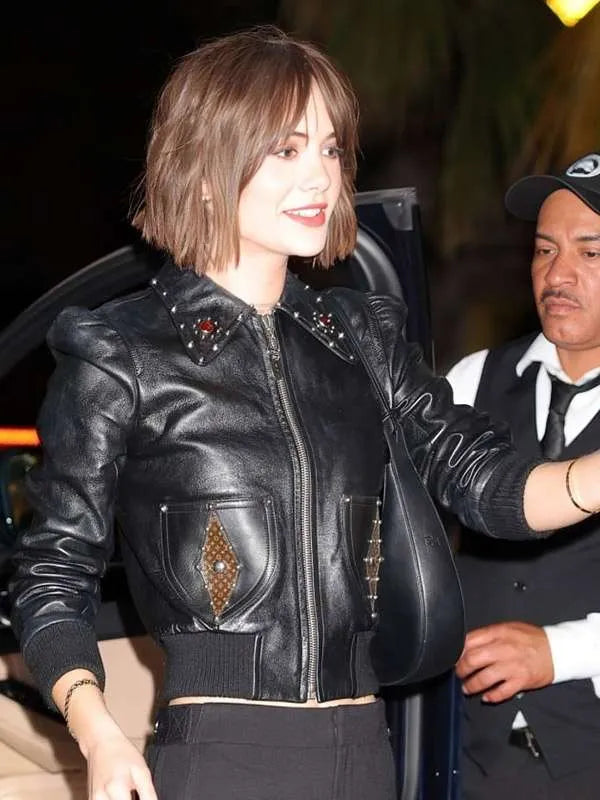 LA 2026 Emilia Jones Black Bomber Leather Jacket