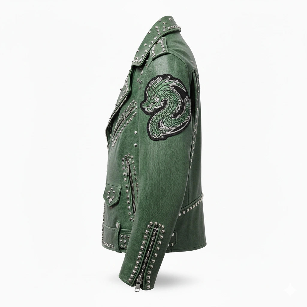 Green Punk-Style Studded Jacket with Dragon Patchwork
