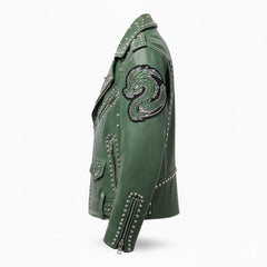 Green Punk-Style Studded Jacket with Dragon Patchwork