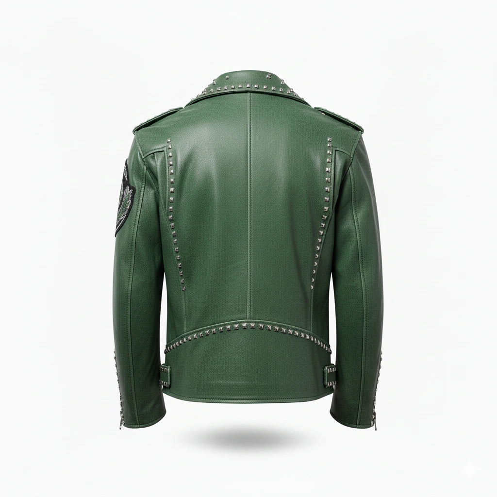 Green Punk-Style Studded Jacket with Dragon Patchwork