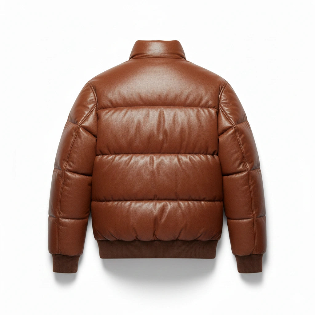 Brown Leather Bomber-Style Puffer Jacket