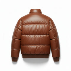 Brown Leather Bomber-Style Puffer Jacket
