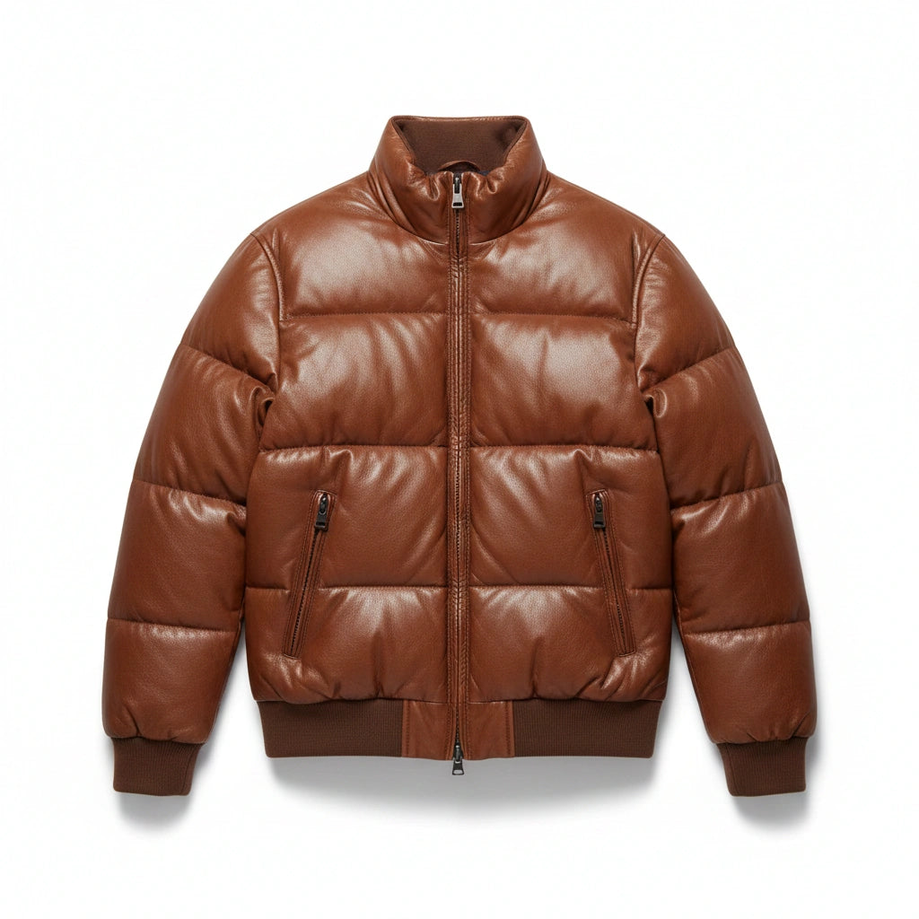 Brown Leather Bomber-Style Puffer Jacket