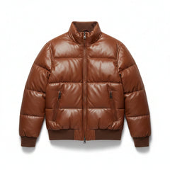 Brown Leather Bomber-Style Puffer Jacket