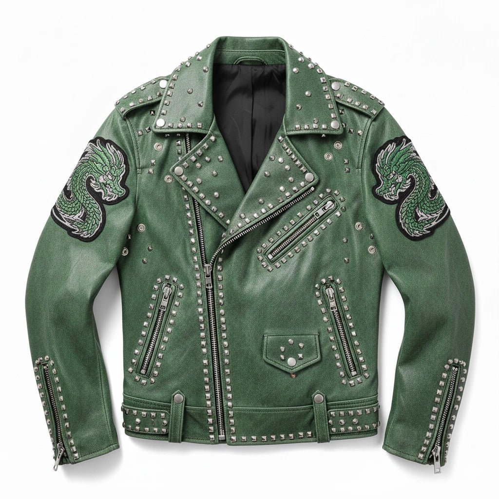 Green Punk-Style Studded Jacket with Dragon Patchwork