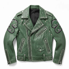 Green Punk-Style Studded Jacket with Dragon Patchwork