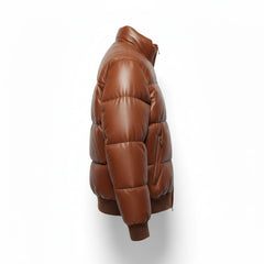 Brown Leather Bomber-Style Puffer Jacket