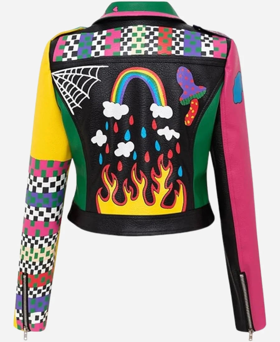 Graffiti Printed Cropped Leather Bikers Jacket