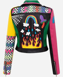 Graffiti Printed Cropped Leather Bikers Jacket