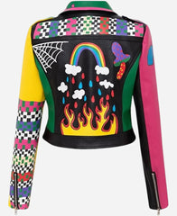 Graffiti Printed Cropped Leather Bikers Jacket