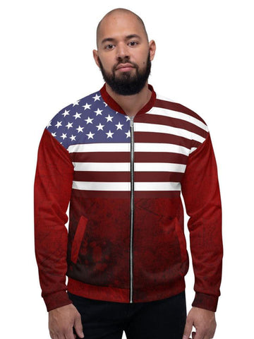 Men's Grunge Style 4th July Independence Day American Flag Red Bomber Jacket